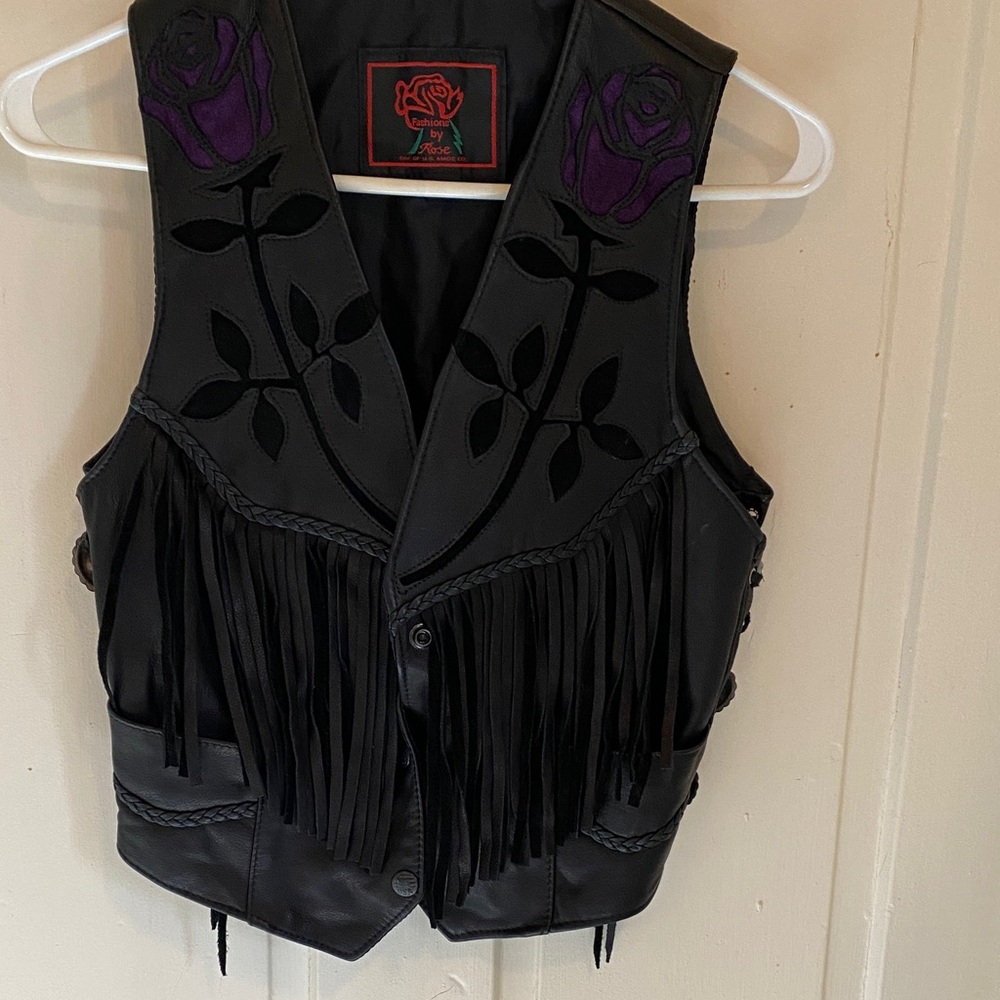 Black Leather Vest with Purple Rose Embroidery